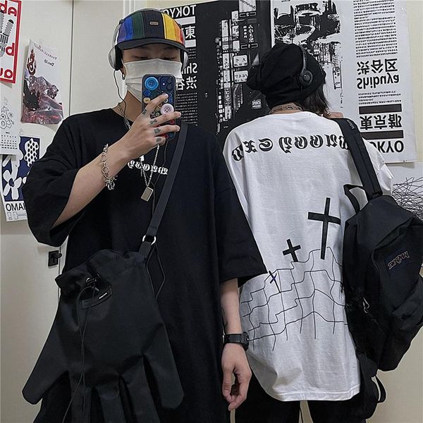 

alphabet gothic style men tshirt cross graphic loose pure cotton short sleeve clothes couples matching plus size punk men's t-shi, White;black