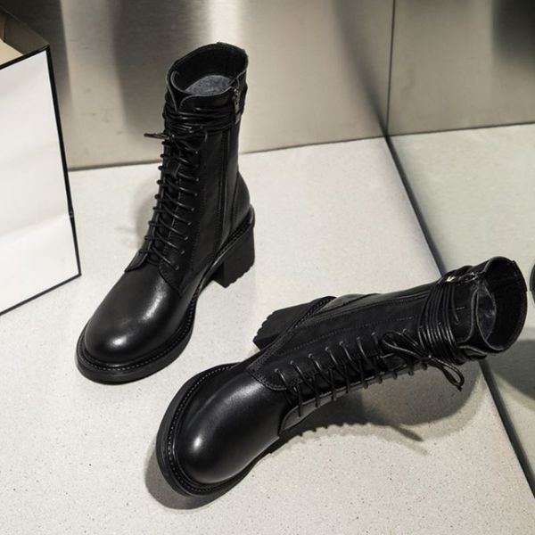 

real leather women ankle boots shoes thick heels punk style cool fashion winter autumn female footwear size 34-39, Black
