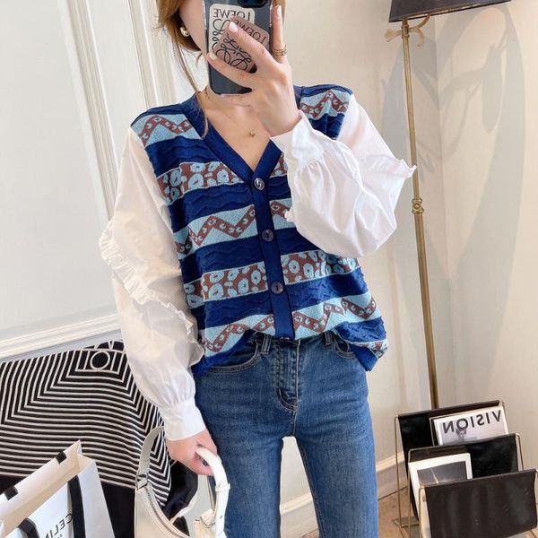 

women's knits & tees sweater cardigan autumn clothing 2021 korean fashion shirt long-sleeved stitching v-neck knitted casual knitwear, White