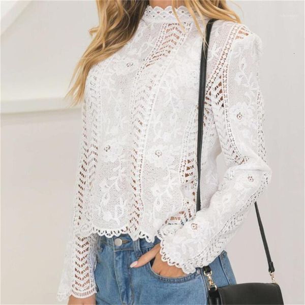 

women's & summer women blouses slim bottoming long-sleeved white shirt lace hook flower hollow casual shirts blouse1 8u5w