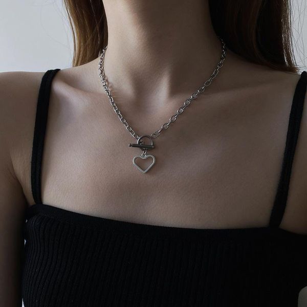 

pendant necklaces minar minimalist hollow love heart necklace for women chunky twisted link chain toggle clasp circle chokers, Silver