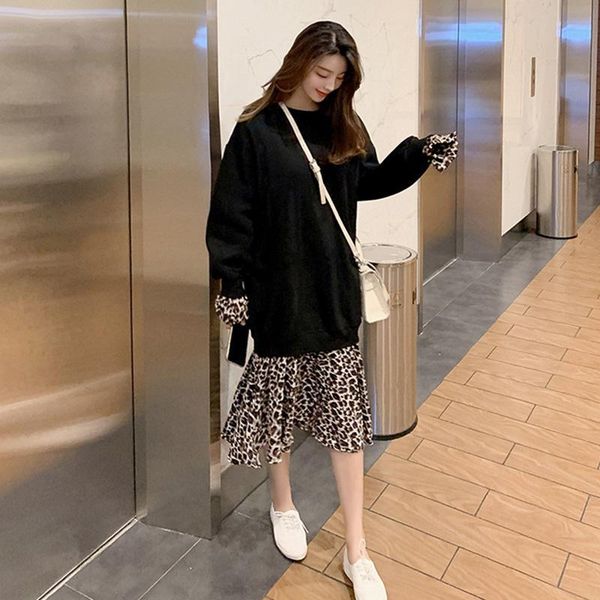 

patchwork leopard dress women 2021 korean casual o-neck long sleeve oversized mid-calf dresses female winter clothes, Black;gray