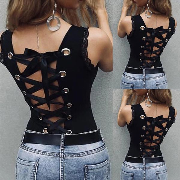 

40 lace bandage hollow out womens shirts backless tee pure colour v neck sleeveless summer casual shirt, White