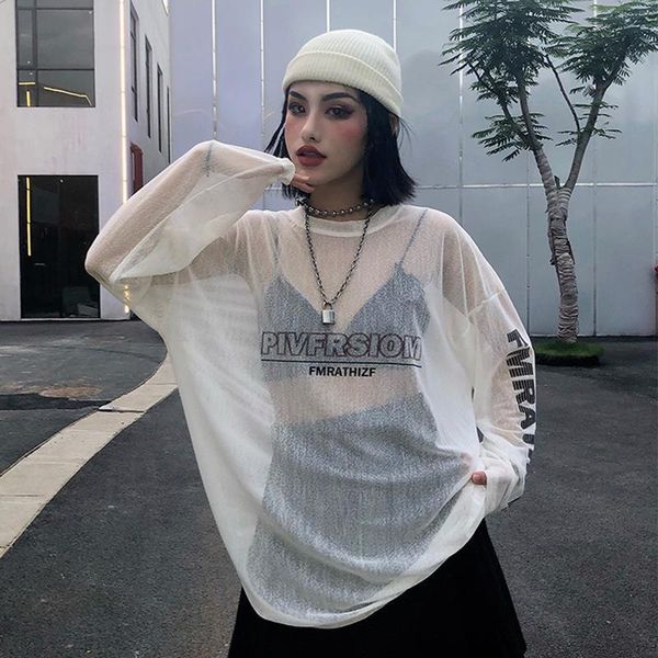 

korean ins harajuku hong womens kong style letter printing loose mesh gauze summer clothes long sleeve, White