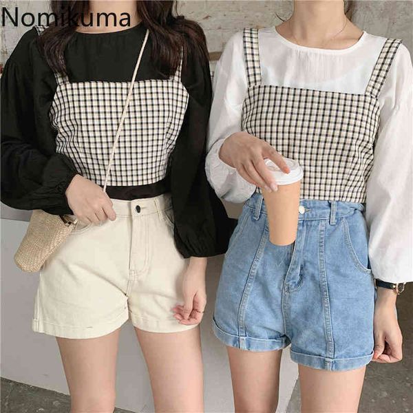 

nomikuma vintage shirts women two piece o neck long sleeve casual retro blouse camisas arrival lady blusas mujer 210514, White