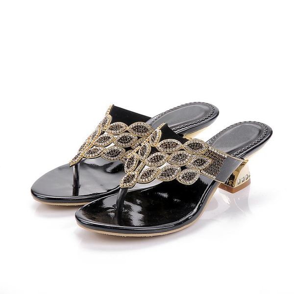 

slippers women summer thick high heel rhinestone hollow flip-flops horse shoes 4.5cm, Black