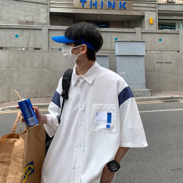 

men's casual shirts summer fashion camisa masculina loose short sleeve lapel collar white/blue color clothes s-xl hxxk, White;black