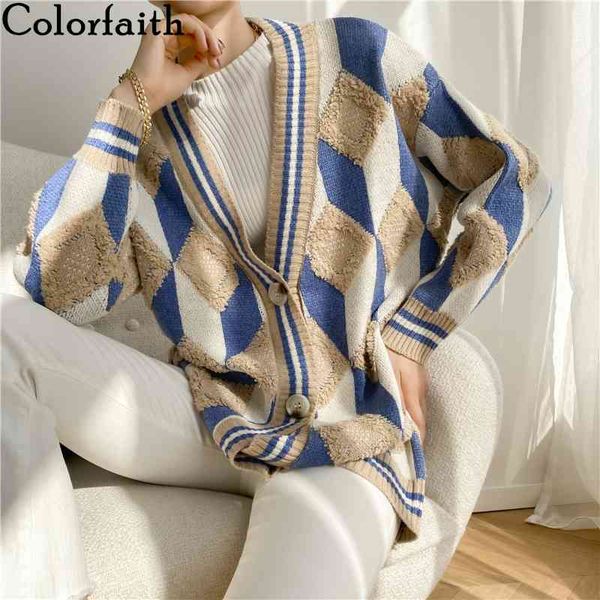 

colorfaith new women's sweaters winter spring fashionable buttons checkered oversize cardigans diamond knitwear swc1040 210413, White;black