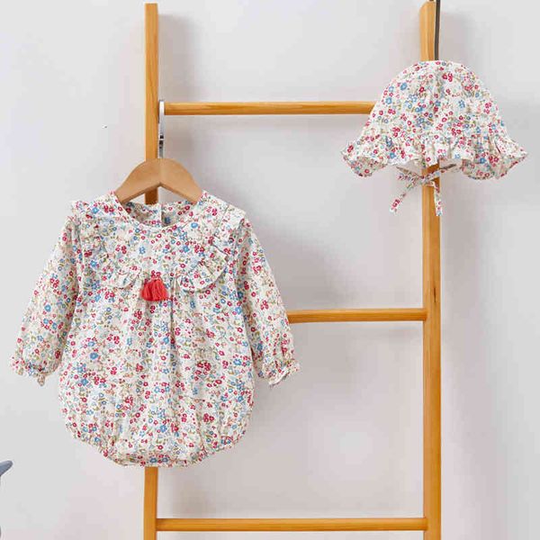 

baby girl floral rompers and hat long sleeves spring autumn bodysuit born clothes 210429, Blue