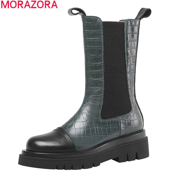 

morazora genuine leather boots square heels round toe ladies shoes autumn winter ankle boots for woman black green 210506