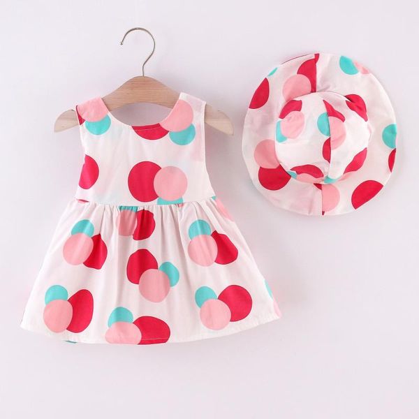 

fashion dot cute summer dress sleeveless girls + hat birthday party princess for children vestidos 1-4y girl's dresses, Red;yellow
