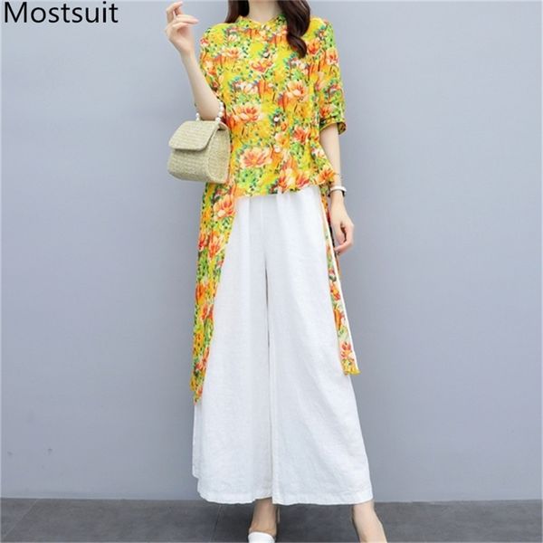 

summer fashion two piece sets women printed chiffon long + linen wide leg pants suits casual female 2 pcs 210513, White