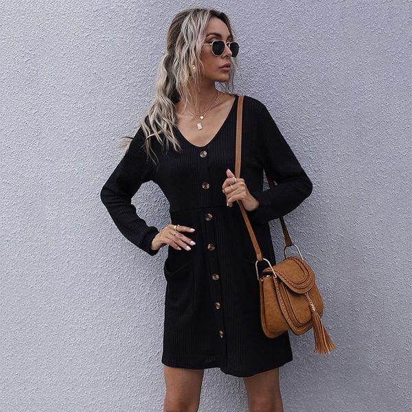 

casual dresses modx 2021 autumn knit solid color v-neck waist mini dress women elegant long sleeve stretch a-line button sweater, Black;gray