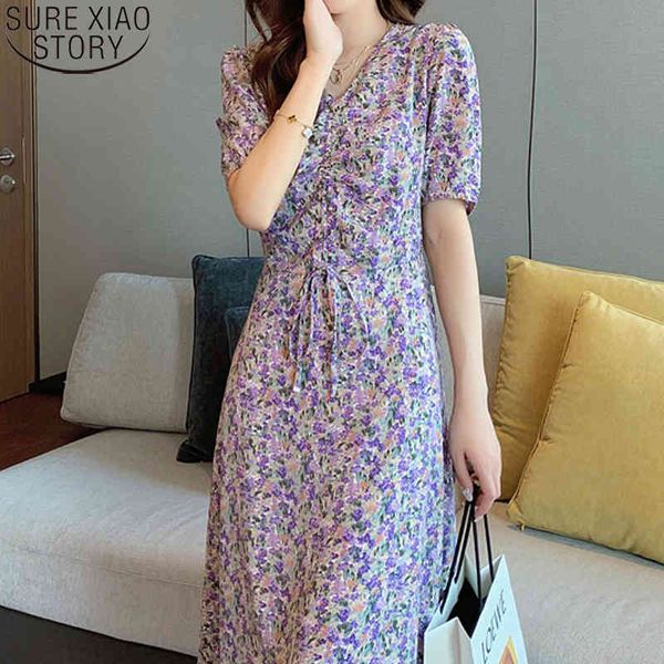 Vestido Mulheres Verão Floral Impressão Drawstring Coreano Seda Buff Manga V-Neck Midi Casual Doce Vestidos Vestidos 9012 50 210417