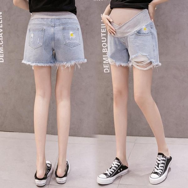 

maternity bottoms pregnant women's shorts summer wear loose denim leggings fashion hole low waist belly lift, White