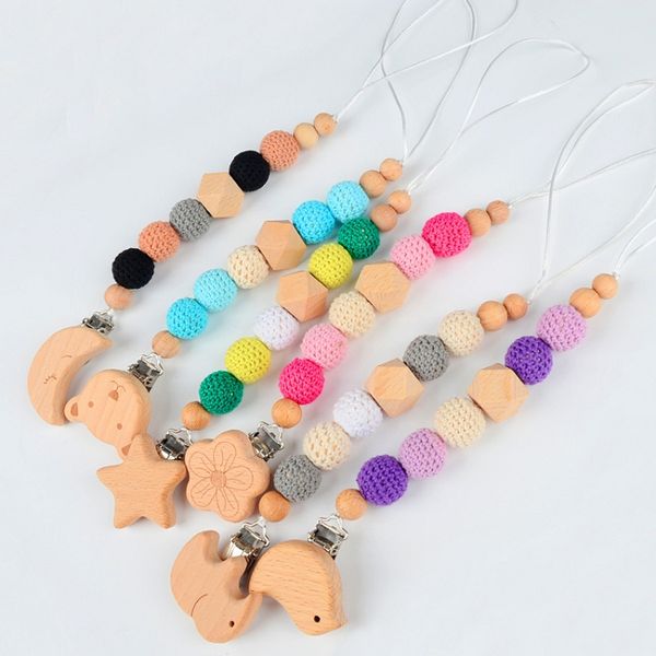 Baby Schnuller Halter Clips Kette Cartoon Tier Holz Häkeln Perlen Schnuller Nippel Beißring Dummy Strap M3539