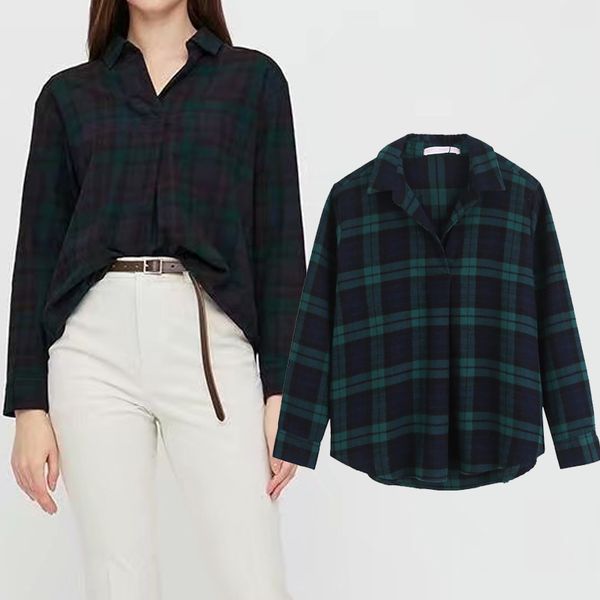 

legging fashion dark grid lady collar blouses long chiffon shirt loose, Black