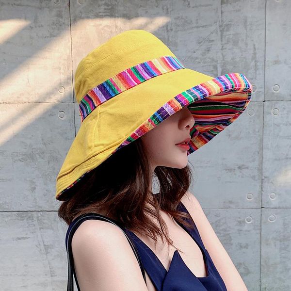 

wide brim hats 2021 summer female sun hat korean big eaves face fisherman wild ethnic style foldable double-sided for women, Blue;gray