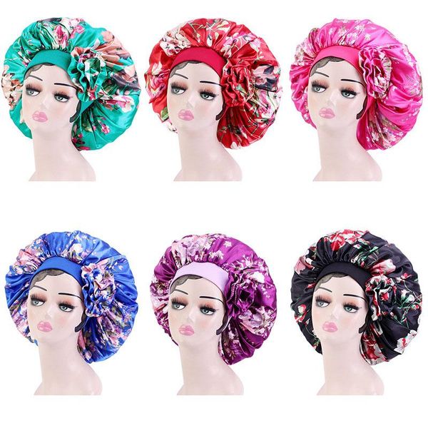 

beanie/skull caps women extra large satin bonnet sleep night cap wide band floral print chemo head wrap beanies skullies hair styling tools, Blue;gray
