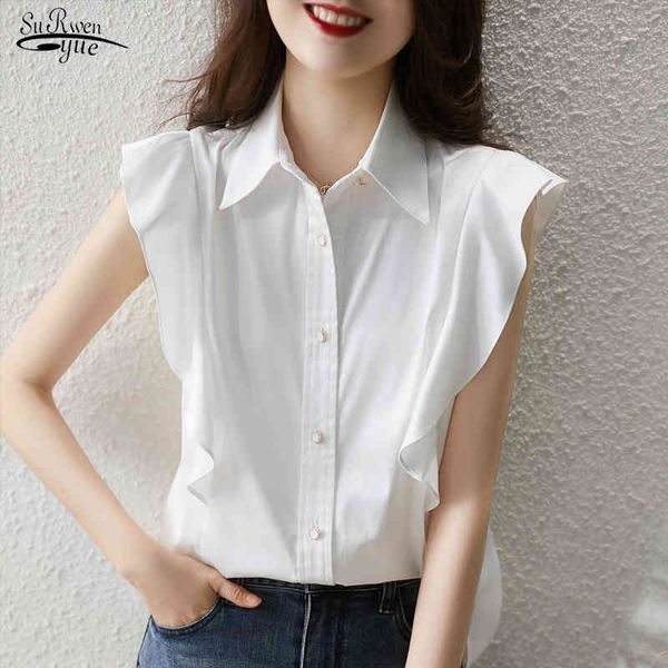 

summer white women shirts casual short sleeve ruffles women blouses turn down collar single breasted female clothing 14741 210518