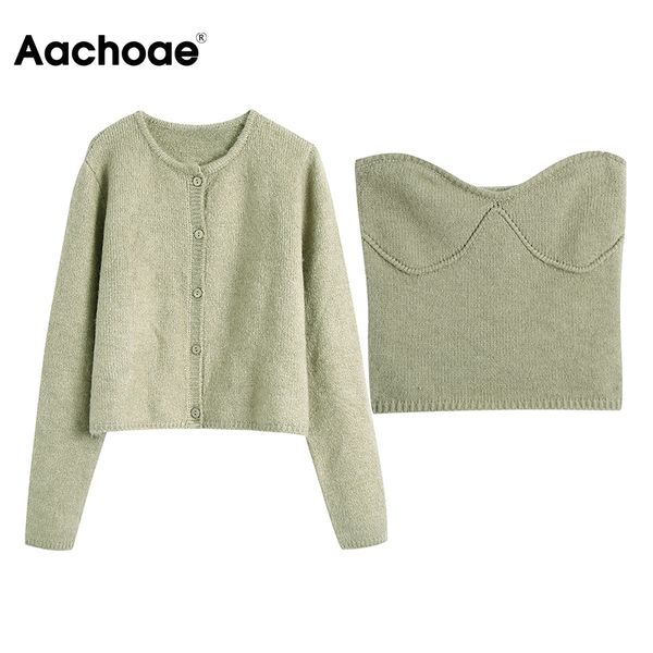 

aachoae women casual knitted crop sets solid color short cardigan with strapless camisole 2 piece set elegant outfits 210413, White