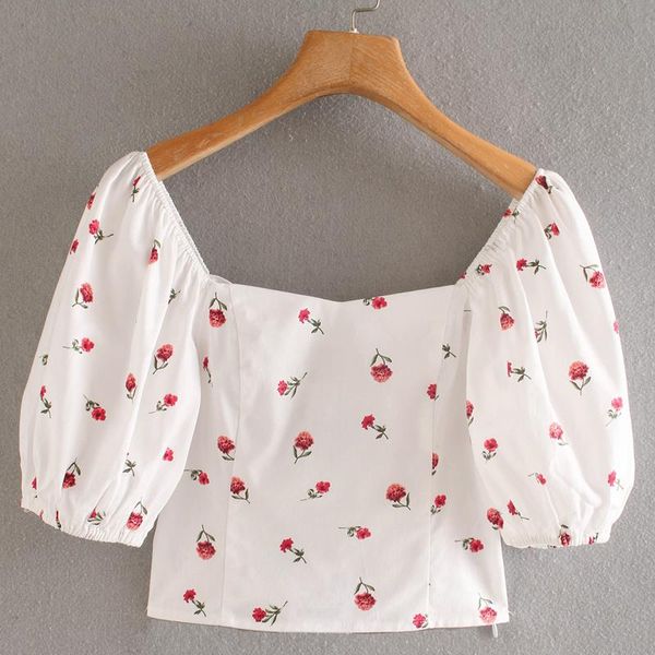 

women's blouses & shirts elina sweet square collar short women fashion floral printed elegant bow puff sleeve female ladies ez, White