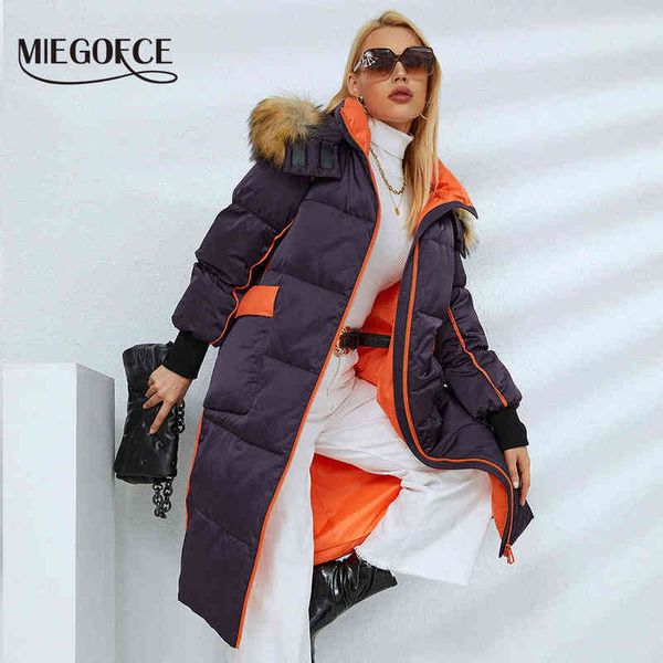 

miegofce autumn winter women long jacket hood with fake fur collar parka fancy design pockets coat female outerwear d21518 211130, Black
