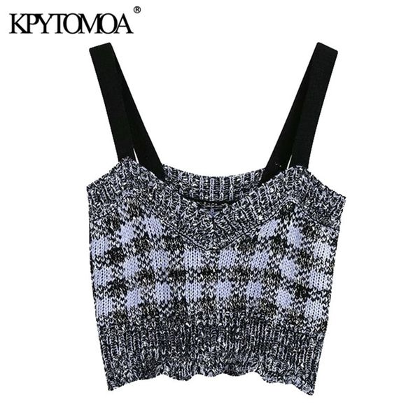 

women sweet fashion patchwork plaid cropped knitted tank vintage backless wide straps female camis chic 210421, White