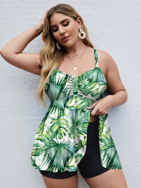 

plus tropical ruffle hem bikini swimsuit t5mz#, Black