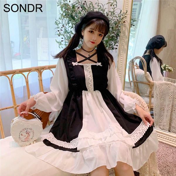 

casual dresses kawaii japanese lolita dress 2021 women soft sister sweet cute girls short sleeved student summer tide, Black;gray