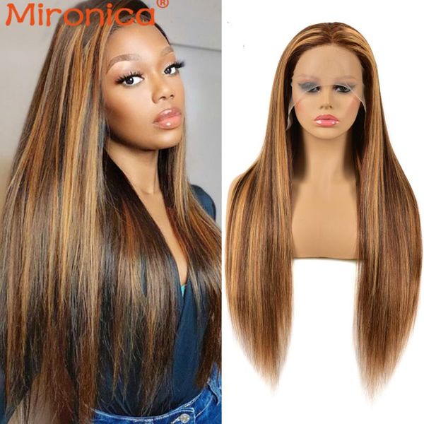 

bone straight hair 13x4 highlight lace front human wigs honey blonde brown brazilian wig mironica for women, Black;brown