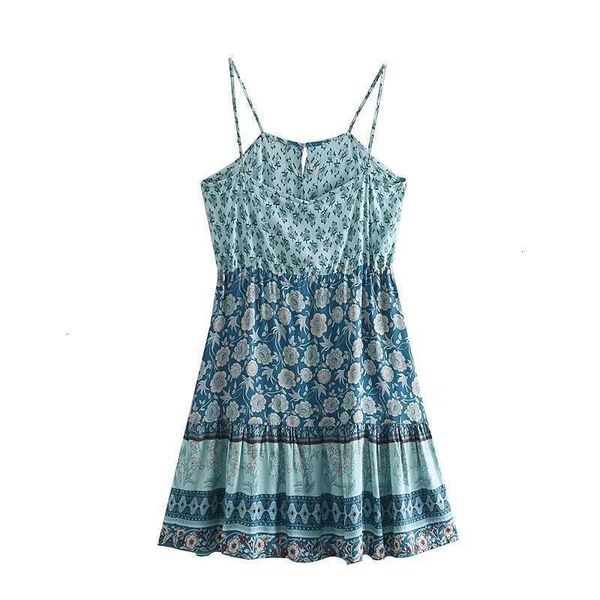 

resort summer casual dresses floral print open back suspender single breasted lace up waist ruffle dress, Black;gray
