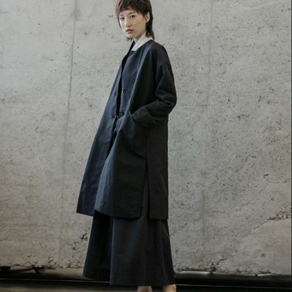 

women's trench coats vintage women medium length loose coat ladies black plus size outwear spring, Tan;black