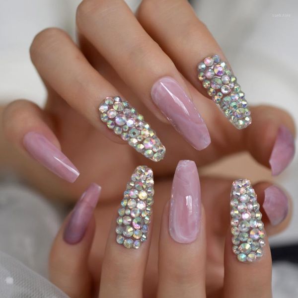 

shiny ab holo crystal pink marble stone pattern press on ballet false nails extra long coffin ballerina full cover uv fingernail1, Red;gold