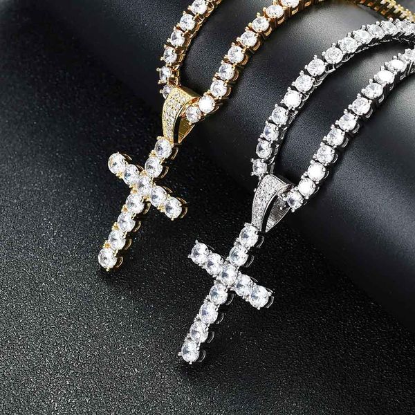 

hip hop micro inlaid zircon cross pendant personalized men's and women's rock club jewelry 4mm tennis chain necklace, Silver