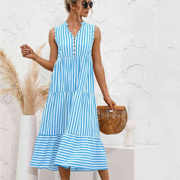 

holiday casaul striped a-line beach long dress summer v-neck striped button stitching dress for womens mid-calf dress 210514, Black;gray