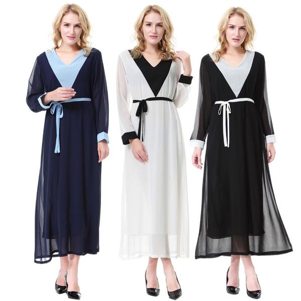 

ethnic clothing muslim abaya arab kaftan long sleeve v neck women chiffon dresses dubai malaysian lady gown dress with belt, Red