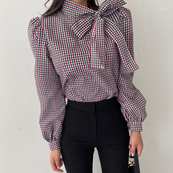 

autumn women's clothing elegant bow tie stand collar loose all-match puff sleeve plaid shirt women uk744 blouses & shirts, White