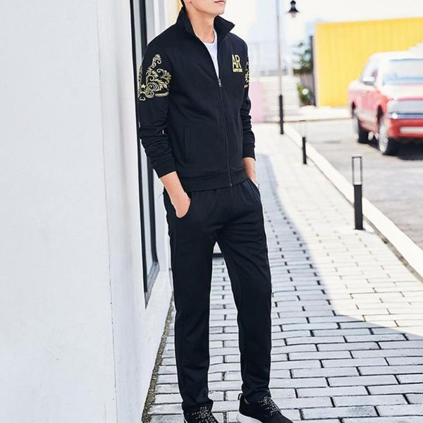 

jogging clothing men tracksuit set skin-friendly sports suit outfit high waist simple bronzing printed sweatshirt pants, Black;red