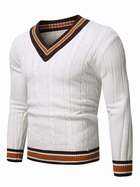 

men cable knit contrast trim sweater i0i5#, White;black