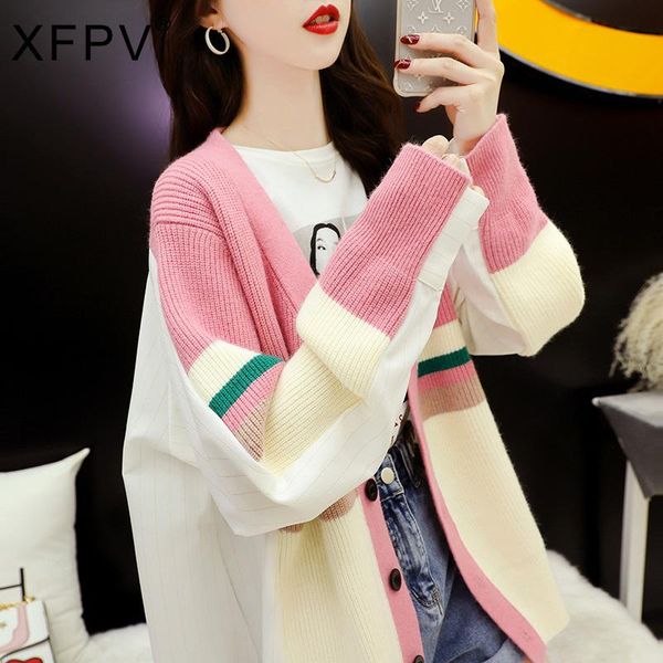 

women's knits & tees xfpv stitching long-sleeved single-breasted sweater cardigan mid-length 2021 autumn loose knit sm383, White