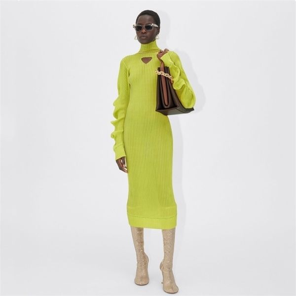 

bodycon knitted dress women winter yellow spiral sleeve ribber silk party es female veneta turtleneck 211220, Black;gray