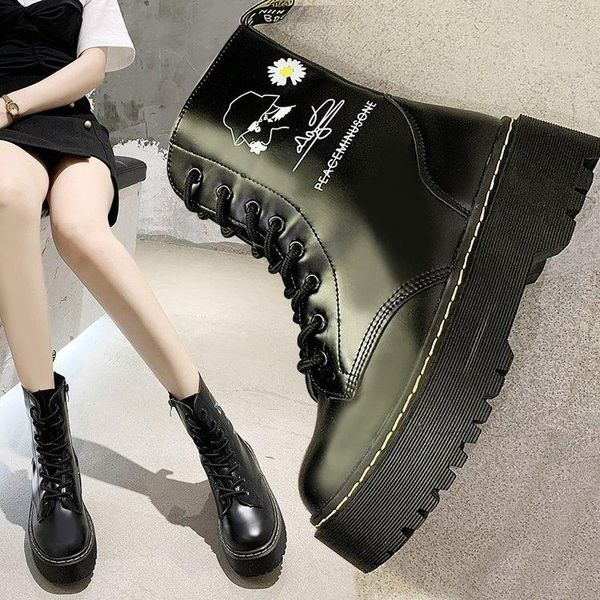 

boots solid color lace up fashion round toe ankle chunky rubber non-slip women leather zapatillas mujer, Black