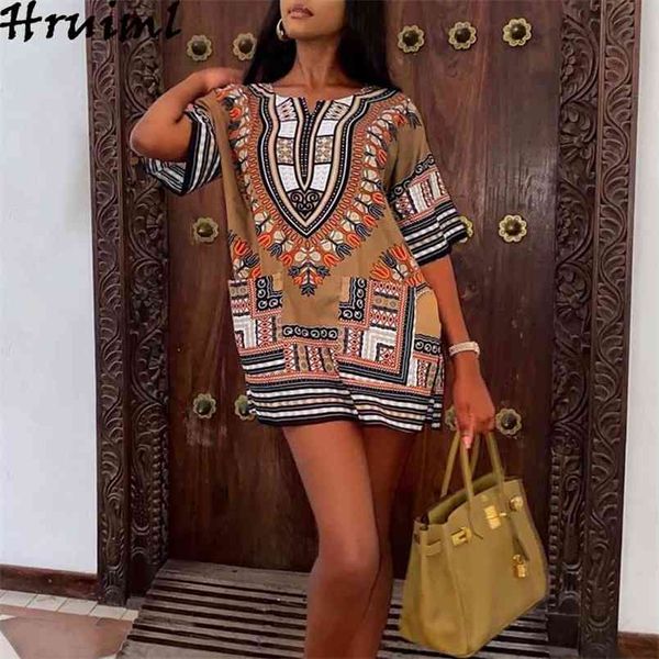 Toptan Afrika Tarzı Yaz Elbise Kısa Kollu V Boyun Baskı Artı Boyutu Rahat ES Kadın Streetwear Moda Min Kadın 210513