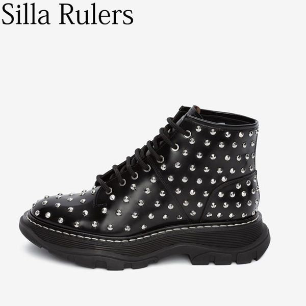 

boots 2021 runway winter black rivet thick bottom knight woman round toe lace up ankle motorcycle