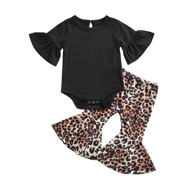 

baby spring outfits solid color mandarin sleeves romper + leopard print flare trousers for toddler girls 0-24 months clothing sets, White