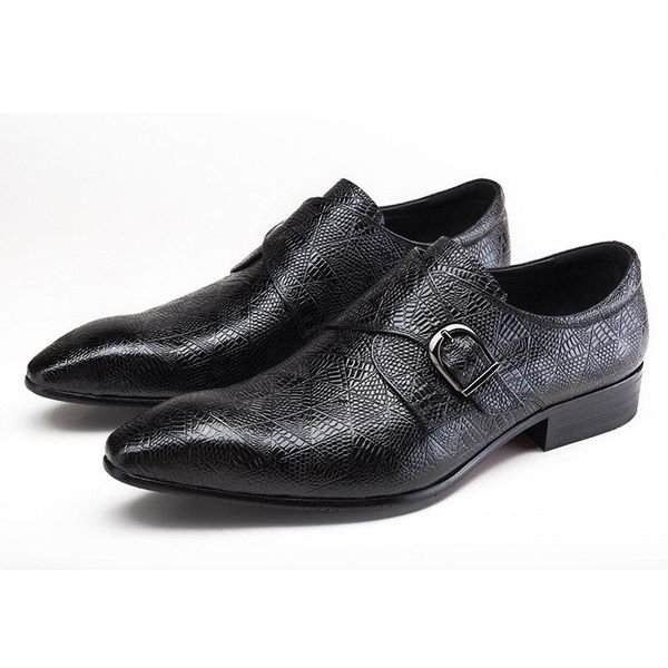 

dress shoes men office formal genuine leather elegant social business pointed toe monk straps buckle wedding party h45, Black