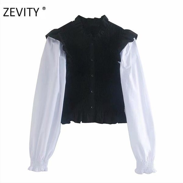 

zevity women vintage puff sleeve patchwork elastic slim smock blouse office ladies sweet agaric lace chic shirts ls7157 women's blouse, White