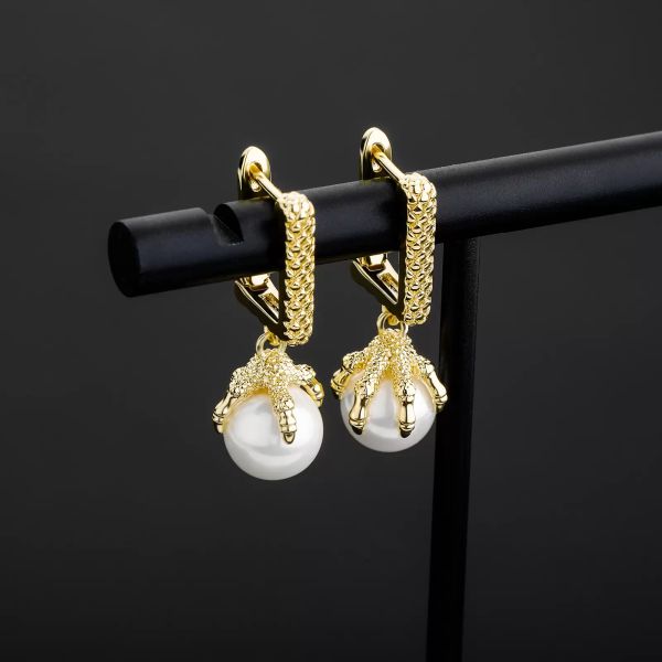 

dragon claw pearl earrings mens womens gold dangle earrings fashion hip hop jewelry, Silver