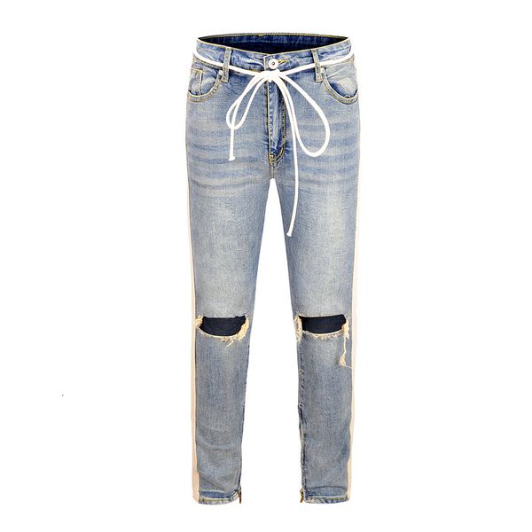 

black justin bieber ripped destoryed ny fit men striped side zipper knee holes denim jeans, White;black